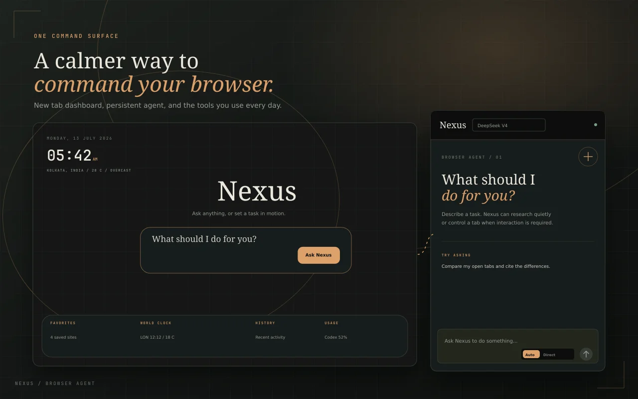 Nexus — browser commands and context in a side panel.