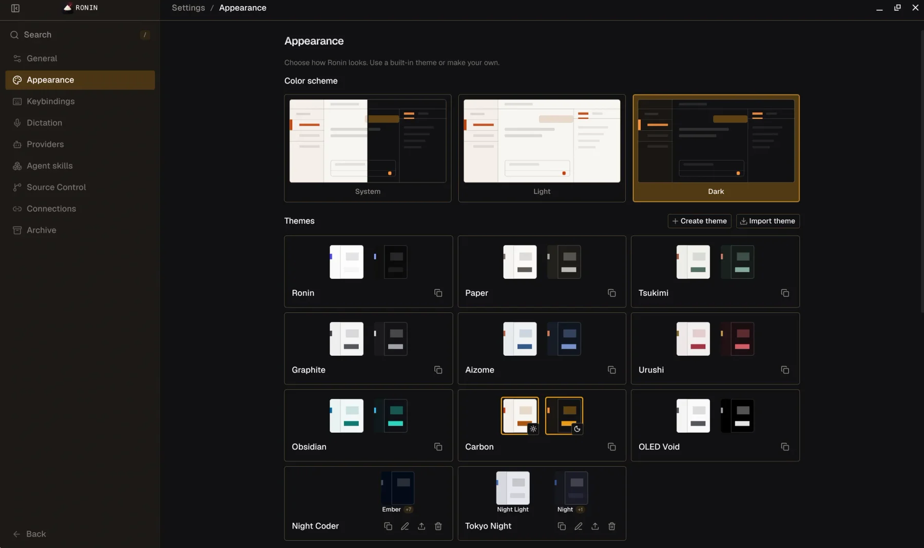 Theme controls and a live preview of the workspace.