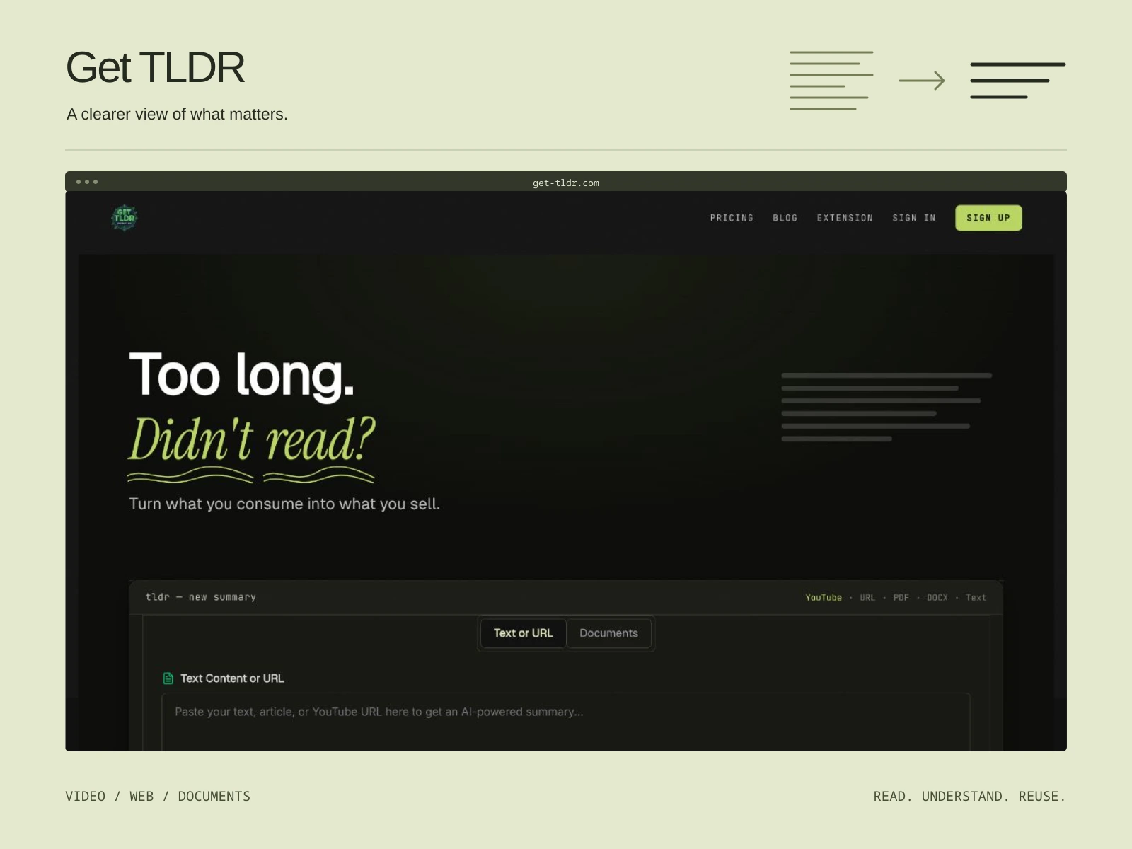 Get TLDR product interface